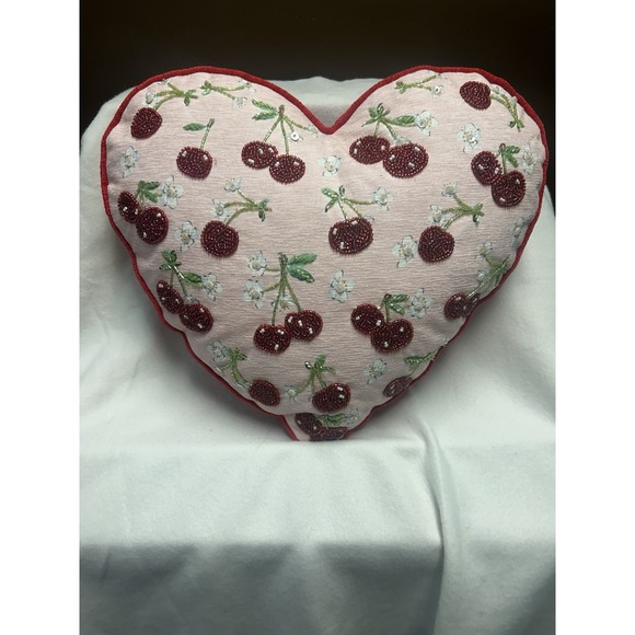Valentine 16in Beaded Embroidered Cherry Heart Pillow - Picture 2 of 10